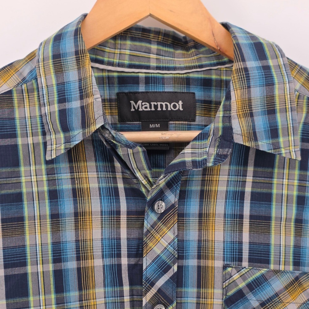 Marmot Mens Long Sleeve Plaid Button Up Shirt Pocket Blue Yellow Green Medium